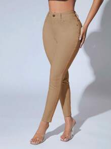 SHEIN PETITE 素色緊身九分牛仔褲 - 卡其色 - 查看 3