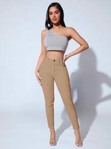 SHEIN PETITE 素色緊身九分牛仔褲 - 卡其色 - 查看 4