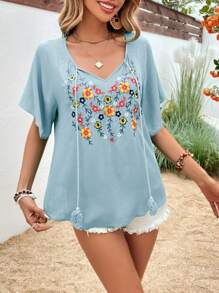 SHEIN LUNE 花卉刺繡流蘇繫帶領插肩袖襯衫 - 淺藍色 - 查看 5