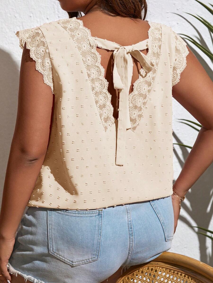 SHEIN VCAY 大碼圓點蕾絲拼接後綁帶襯衫 - 杏色 - 查看 1