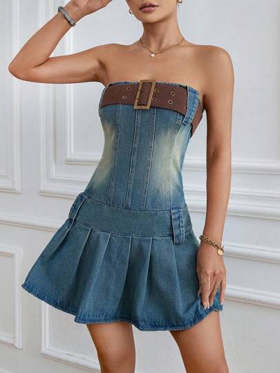 SHEIN ICON 帶扣細節百褶下擺抹胸牛仔連衣裙