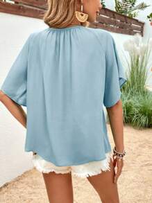 SHEIN LUNE 花卉刺繡流蘇繫帶領插肩袖襯衫 - 淺藍色 - 查看 6