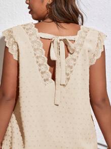 SHEIN VCAY 大碼圓點蕾絲拼接後綁帶襯衫 - 杏色 - 查看 3