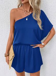 SHEIN LUNE One Shoulder Batwing Sleeve Top & Shorts - Royal Blue - View 4
