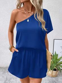SHEIN LUNE One Shoulder Batwing Sleeve Top & Shorts - Royal Blue - View 5