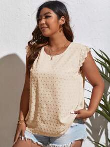 SHEIN VCAY 大碼圓點蕾絲拼接後綁帶襯衫 - 杏色 - 查看 5