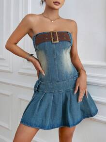 SHEIN ICON 帶扣細節百褶下擺抹胸牛仔連衣裙 - 中等水洗藍 - 查看 5