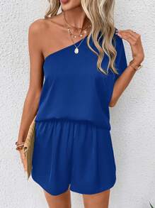 SHEIN LUNE One Shoulder Batwing Sleeve Top & Shorts - Royal Blue - View 6