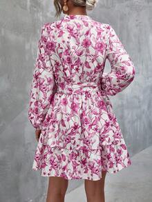 GENKIRA 滿版印花燈籠袖荷葉邊繫腰帶連衣裙 - 彩色 - 查看 2