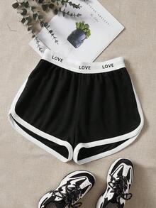 SHEIN EZwear Plus Letter Graphic Contrast Binding Shorts - Black - View 1