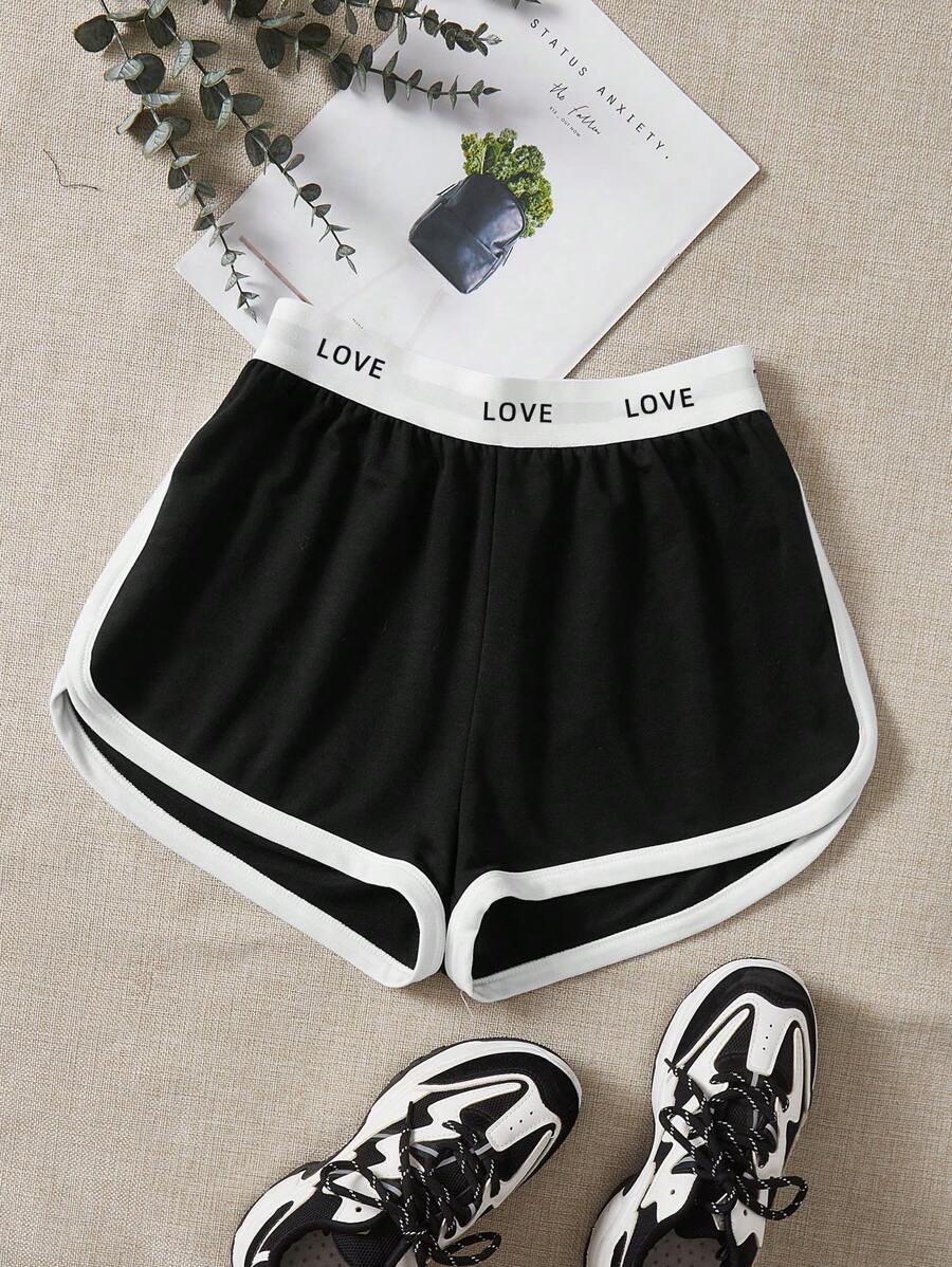 SHEIN EZwear Plus Letter Graphic Contrast Binding Shorts - Black - View 1