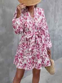 GENKIRA 滿版印花燈籠袖荷葉邊繫腰帶連衣裙 - 彩色 - 查看 3