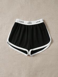 SHEIN EZwear Plus Letter Graphic Contrast Binding Shorts - Black - View 3
