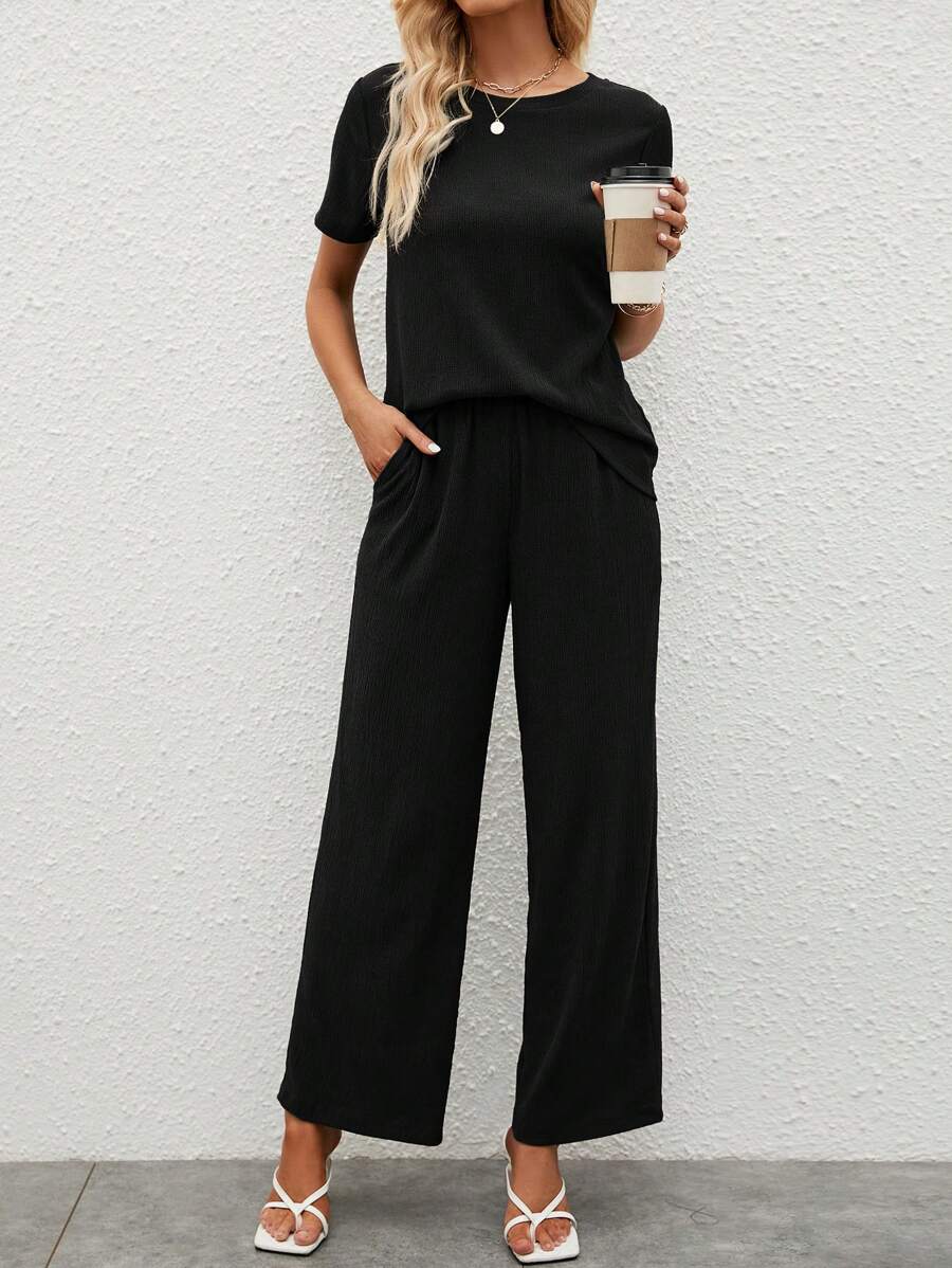 SHEIN LUNE Solid Tee & Slant Pocket Wide Leg Trousers - Black - View 1