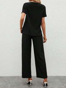 SHEIN LUNE Solid Tee & Slant Pocket Wide Leg Trousers - Black - View 2