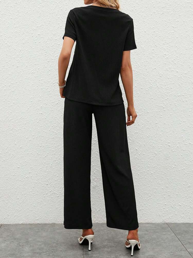 Solid Tee & Slant Pocket Wide Leg Pants,Casual