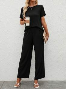 SHEIN LUNE Solid Tee & Slant Pocket Wide Leg Trousers - Black - View 4