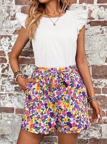 SHEIN LUNE 荷葉邊上衣&印花附腰帶短褲 - 白色 - 查看 3
