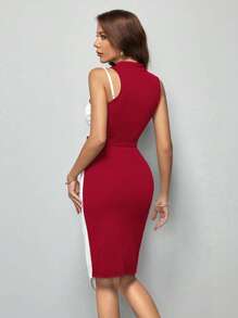 SHEIN Clasi 雙色不對稱領腰帶緊身連衣裙 - 紅白色 - 查看 2