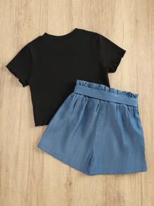 SHEIN Tween Girl Solid Tee & Paperbag Waist Belted Shorts