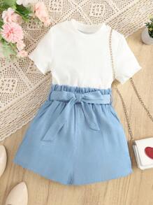 SHEIN 女大童素色T恤和紙袋腰附腰帶短褲 - 白色 - 查看 1