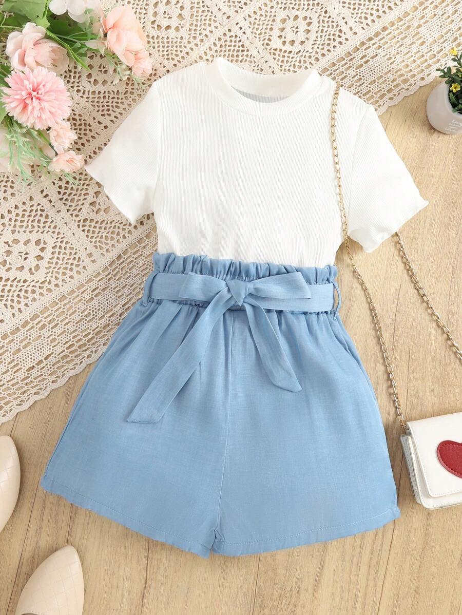 SHEIN 女大童素色T恤和紙袋腰附腰帶短褲 - 白色 - 查看 1