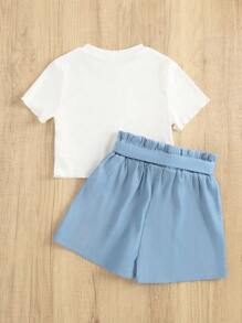 SHEIN 女大童素色T恤和紙袋腰附腰帶短褲 - 白色 - 查看 2