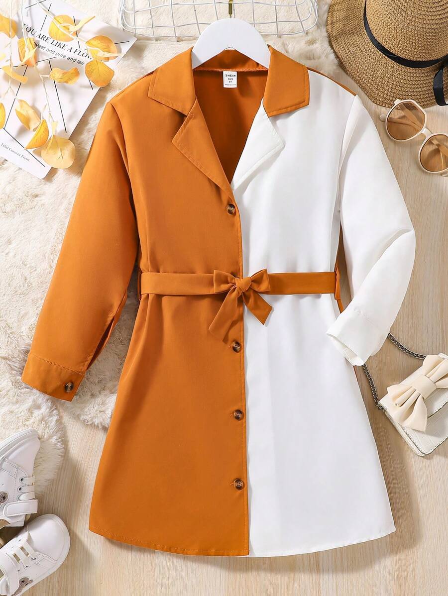 SHEIN Tween Girl Two Tone Lapel Neck Shirt Dress - Multicolor - View 1