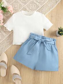 SHEIN 女大童素色T恤和紙袋腰附腰帶短褲 - 白色 - 查看 4