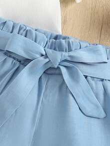 SHEIN 女大童素色T恤和紙袋腰附腰帶短褲 - 白色 - 查看 6