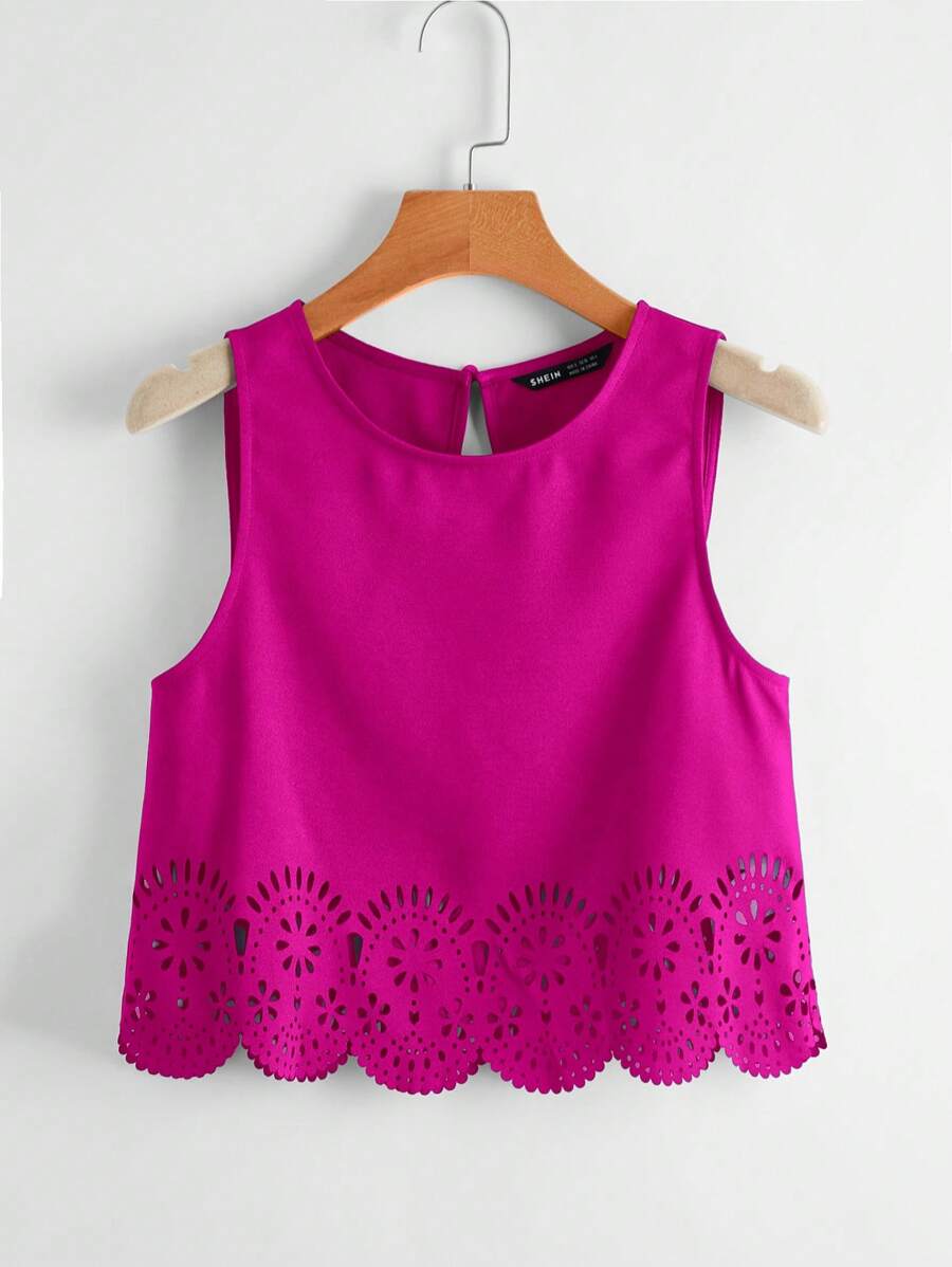 SHEIN LUNE Top sin mangas con escote en la espalda y recorte de concha cortado con láser, informal - Rojo violeta - Ver 1