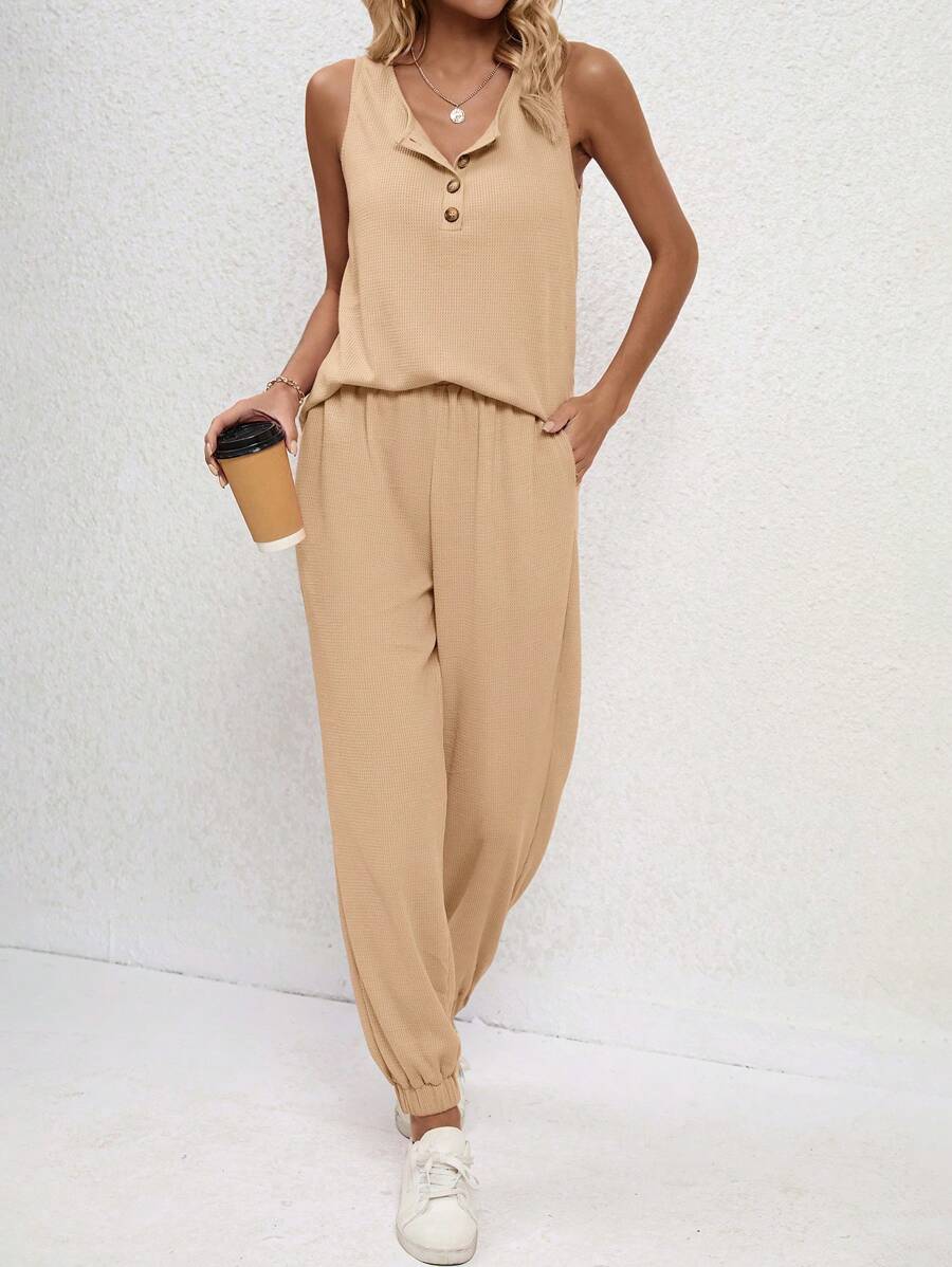 SHEIN LUNE 素色前紐扣背心上衣和褲子 - 駝色 - 查看 1