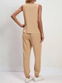 SHEIN LUNE 素色前紐扣背心上衣和褲子 - 駝色 - 查看 2