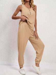 SHEIN LUNE 素色前紐扣背心上衣和褲子 - 駝色 - 查看 5
