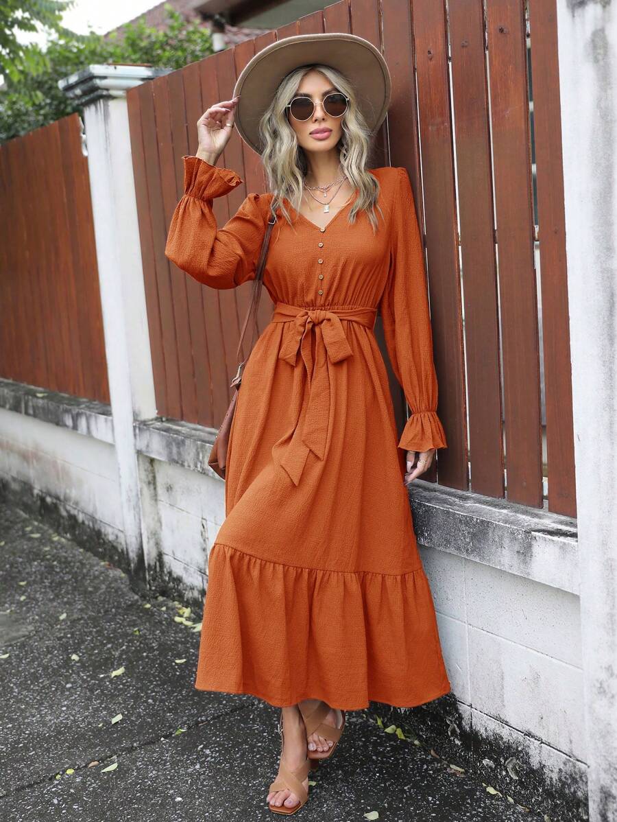 SHEIN Clasi Tay áo loe Xù Hoa Sen Váy có thắt lưng - Màu Cam cháy - Xem 1