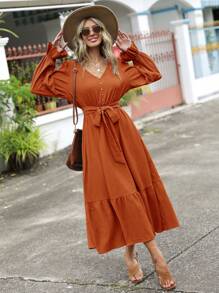 SHEIN Clasi Tay áo loe Xù Hoa Sen Váy có thắt lưng - Màu Cam cháy - Xem 4