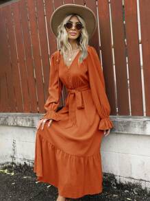 SHEIN Clasi Tay áo loe Xù Hoa Sen Váy có thắt lưng - Màu Cam cháy - Xem 5