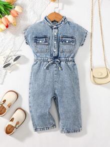 Baby Girl Flap Pocket Button Front Denim Jumpsuit - Dark Wash - View 1