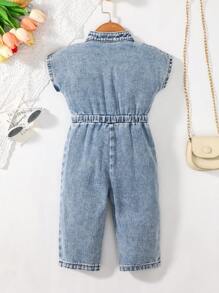 Baby Girl Flap Pocket Button Front Denim Jumpsuit - Dark Wash - View 2
