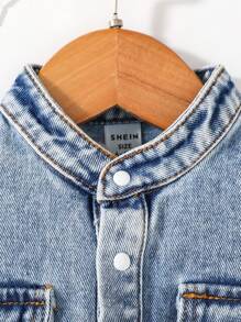Baby Girl Flap Pocket Button Front Denim Jumpsuit - Dark Wash - View 3