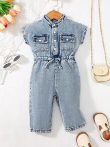 Baby Girl Flap Pocket Button Front Denim Jumpsuit - Dark Wash - View 7