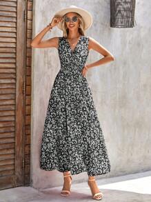 SHEIN Clasi Ditsy Floral Print Shirred Waist Dress - Black and White - View 1