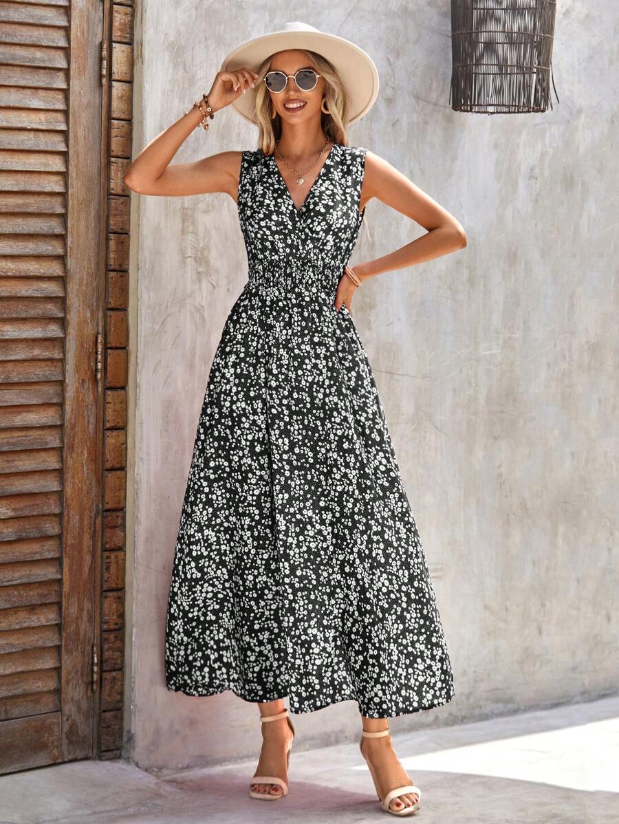 SHEIN Clasi Ditsy Floral Print Shirred Waist Dress - Black and White - View 1