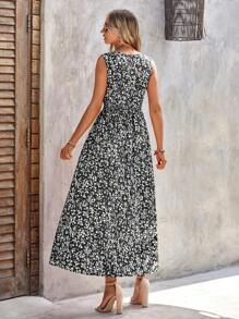 SHEIN Clasi Ditsy Floral Print Shirred Waist Dress - Black and White - View 2