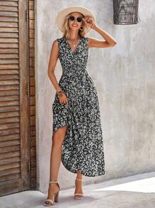 SHEIN Clasi Ditsy Floral Print Shirred Waist Dress - Black and White - View 3