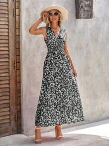 SHEIN Clasi Ditsy Floral Print Shirred Waist Dress - Black and White - View 4