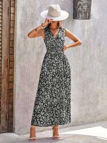 SHEIN Clasi Ditsy Floral Print Shirred Waist Dress - Black and White - View 6