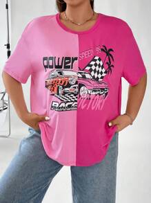 Flirla Hơn Đồ họa ô tô và chữ cái Hai âm Áo thun Thả vai - Hồng - Xem 5