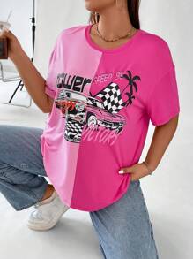 Flirla Hơn Đồ họa ô tô và chữ cái Hai âm Áo thun Thả vai - Hồng - Xem 6