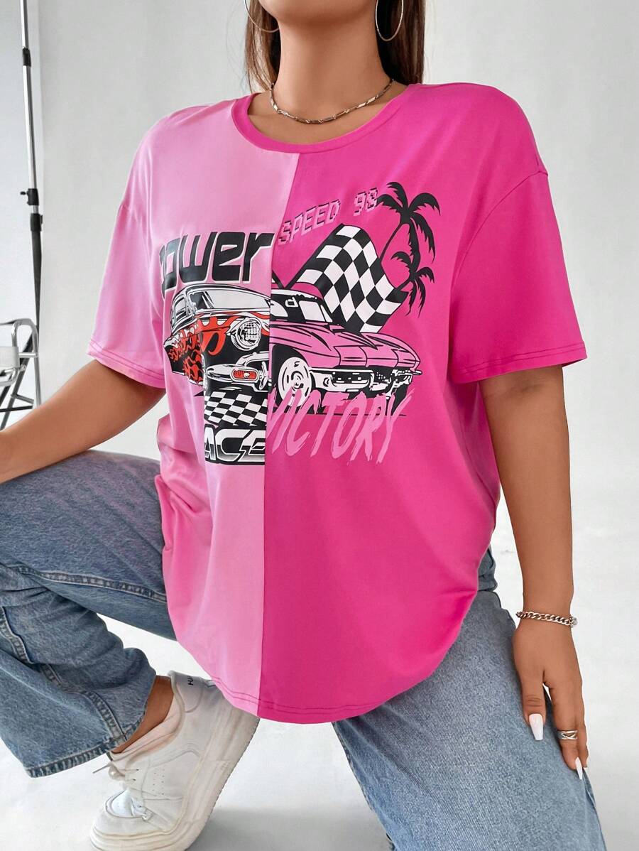Flirla Hơn Đồ họa ô tô và chữ cái Hai âm Áo thun Thả vai - Hồng - Xem 1